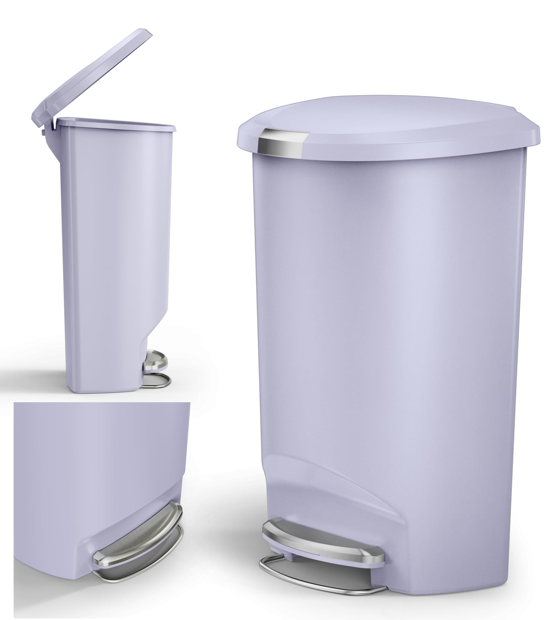 simplehuman 50 Liter / 13 Gallon Hybrid Semi-Round Kitchen Step Trash Can with Secure Slide Lock, Lilac Plastic