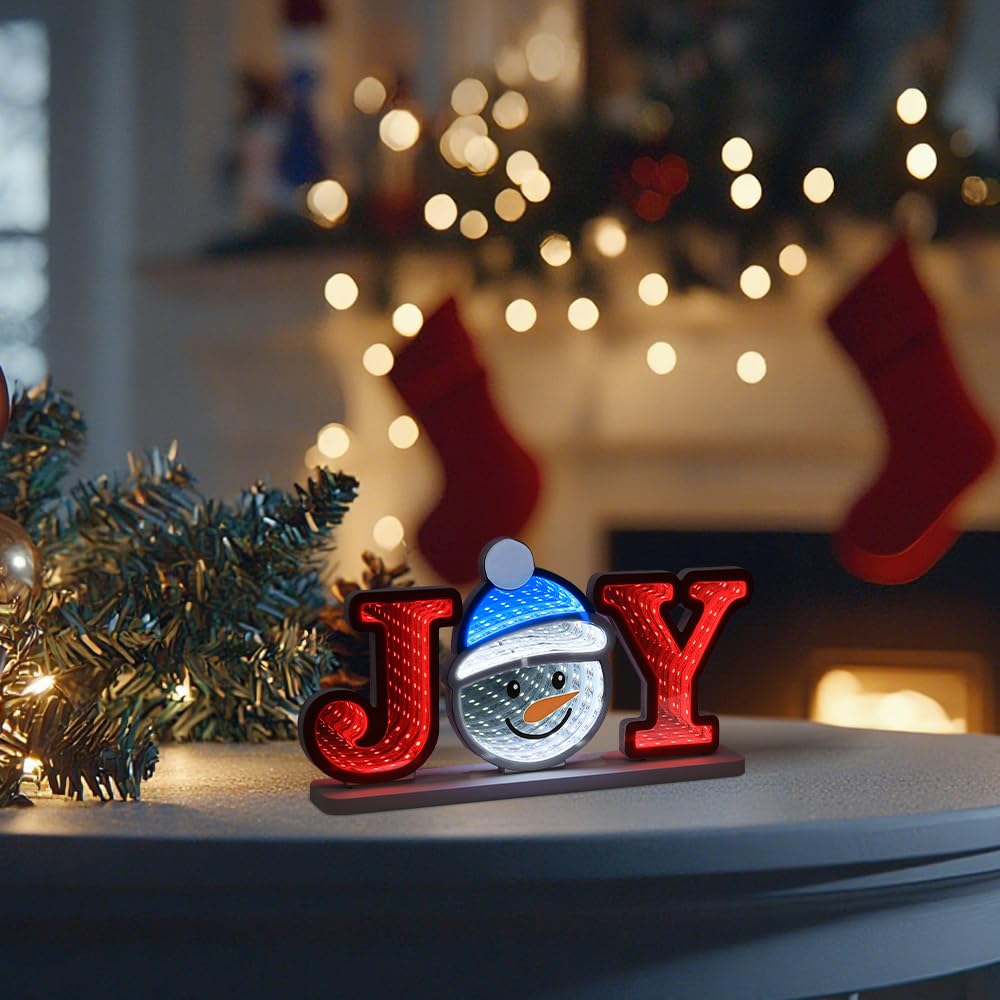 MEETYAMOR Christmas Decorations Indoor, JOY Snowman Infinity Mirror Tunnel Light, Christmas Table Decorations with Endless Exten