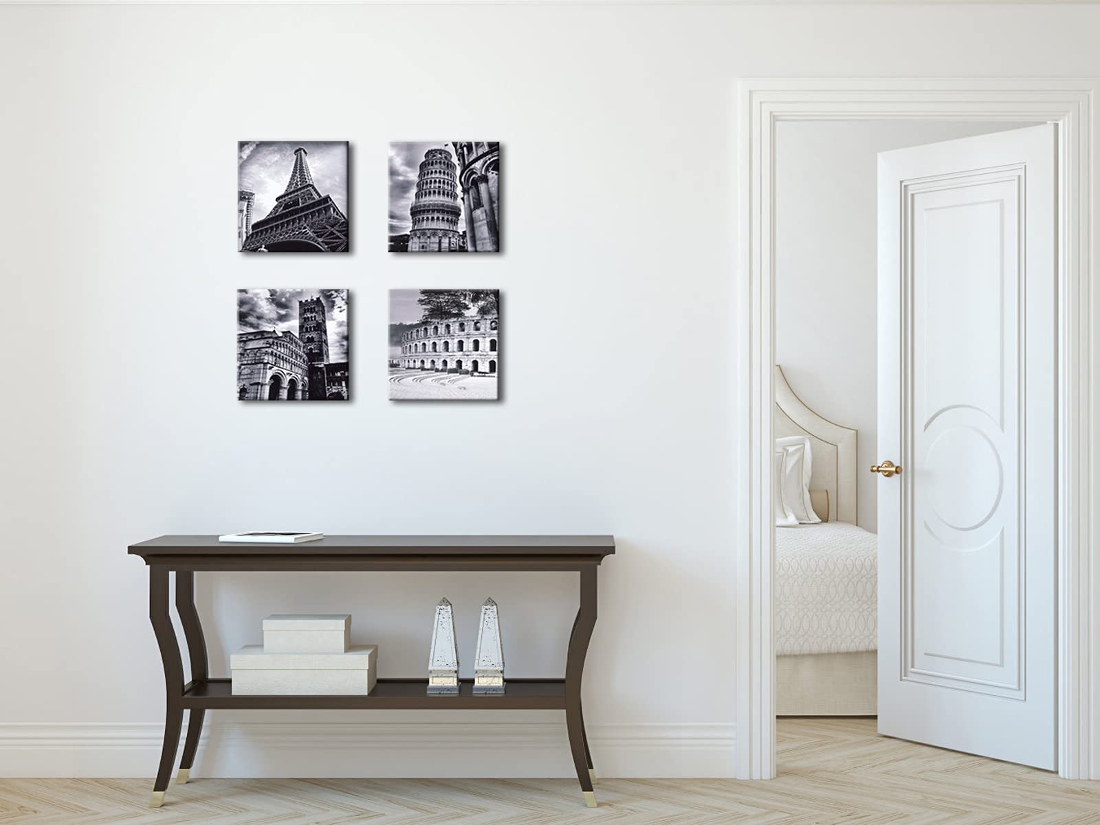 Wieco Art Architectures Modern 4 Panels Giclee Canvas Prints Europe Buildings Black And White Landscape Pictures Paintings On Ca