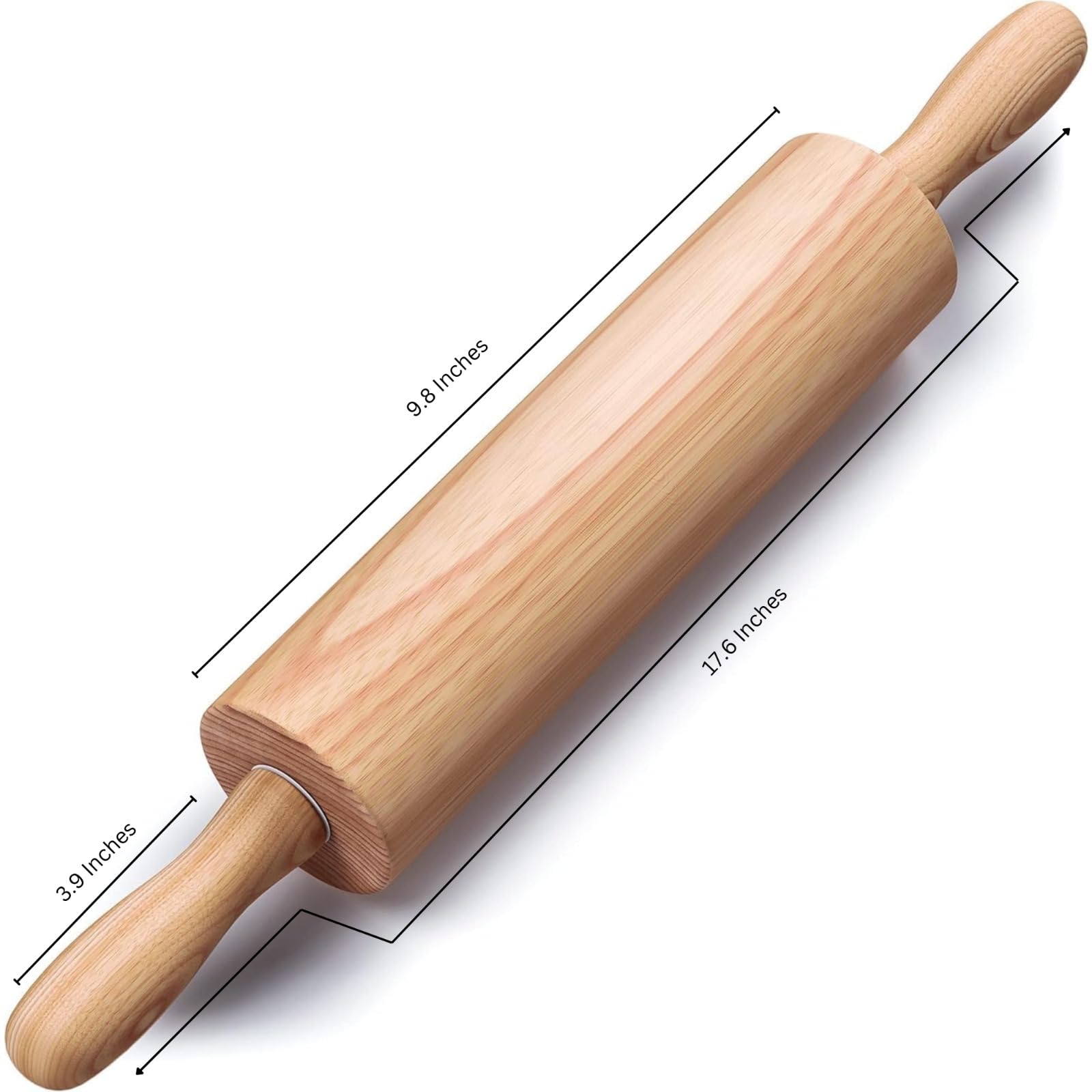 HELFERX Beech Wood Rolling Pin - 17.6 Inch Non-Stick for Baking, Pizza, Pasta, Cookies - Brown