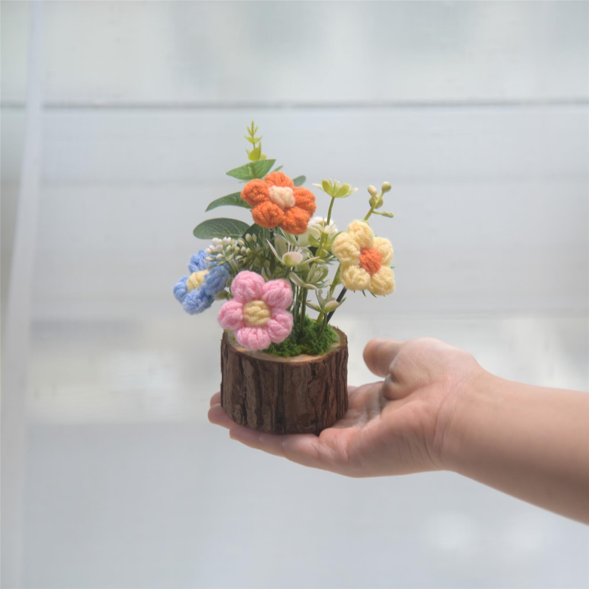 Tileafry Handmade Crochet Knitted Puff Flowers Bouquet Creative Knitted Potted Plant Mini Cute Home Desktop Decorations and Gift