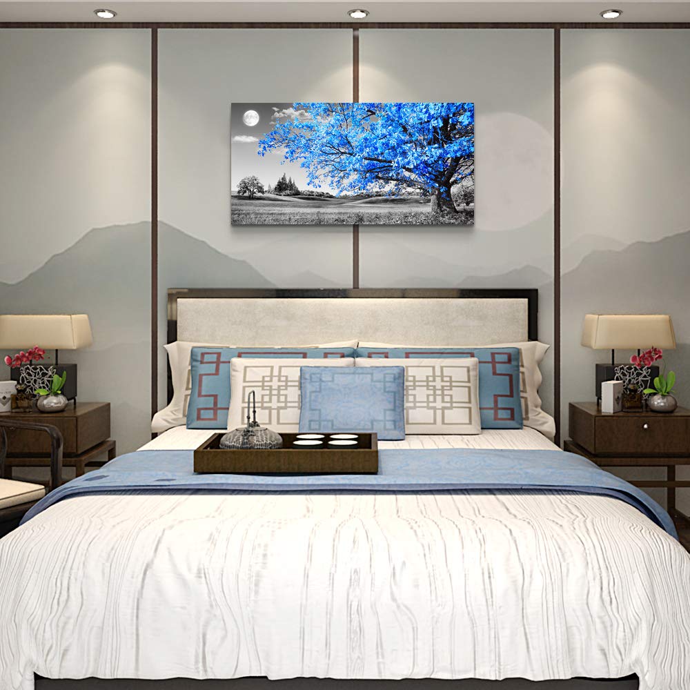 wall art for living room Simple Life Blue moon tree landscape Abstract painting office Wall Decor 20'' x 40'' single Pieces Canvas Prints Ready to Hang for Home Decoration Black and white Works of art