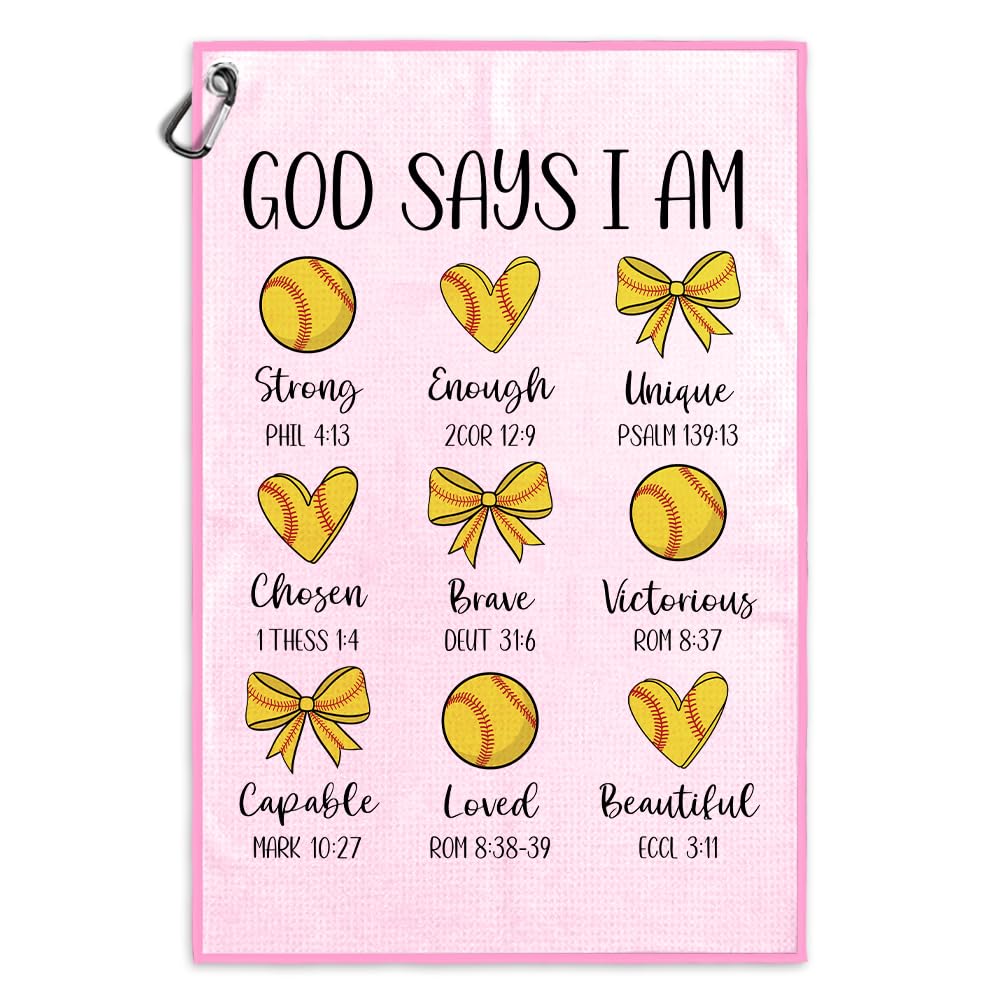 Msticey God Says I Am Strong Enough Funny Printed Microfiber Soft Ball Towel with Clip, Soft Ball Accessories for Women Mom Aunt