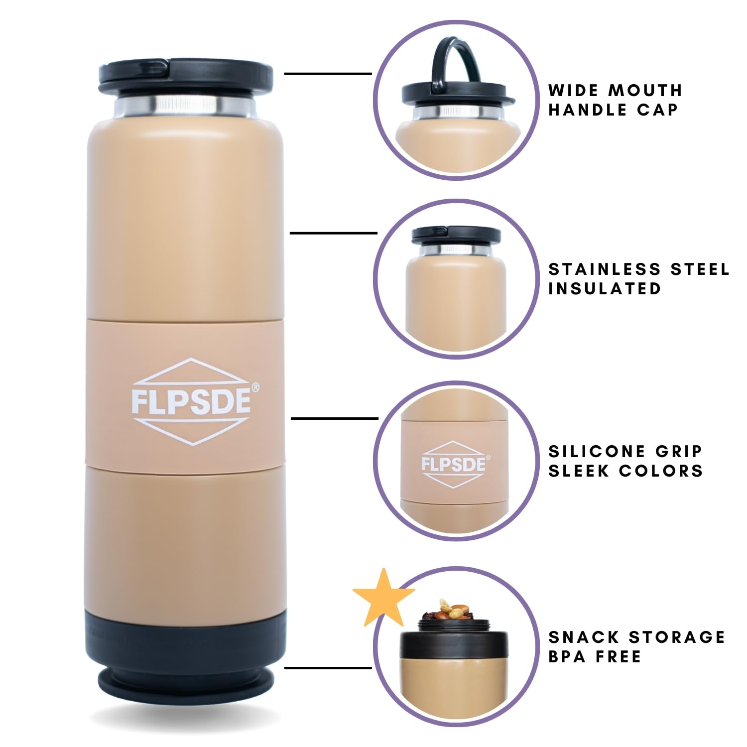 Flpsde Water Bottle With Snack Compartment, Drink & Snack Cup Combo, 20Oz Stainless Steel Water Bottle With 7Oz Snack Container,
