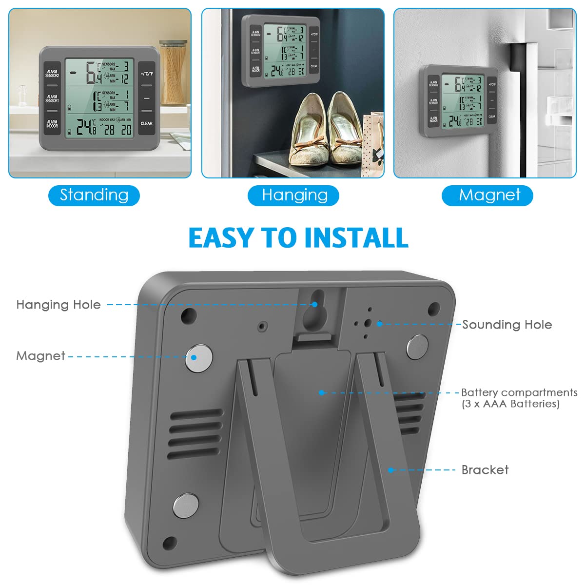 Amir Upgraded Refrigerator Thermometer, Wireless Indoor Outdoor Thermometer, Sensor Temperature Monitor With Audible Alarm Tempe