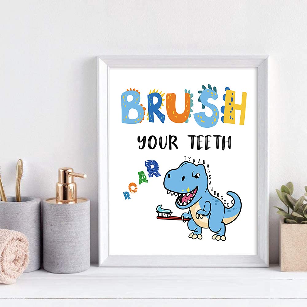 Dinosaur Bathroom Decor, Funny Dinosaur Themed Bathroom Inspirational Quotes Art Print Humorous Quotes Painting, Set Of 4 (8   X