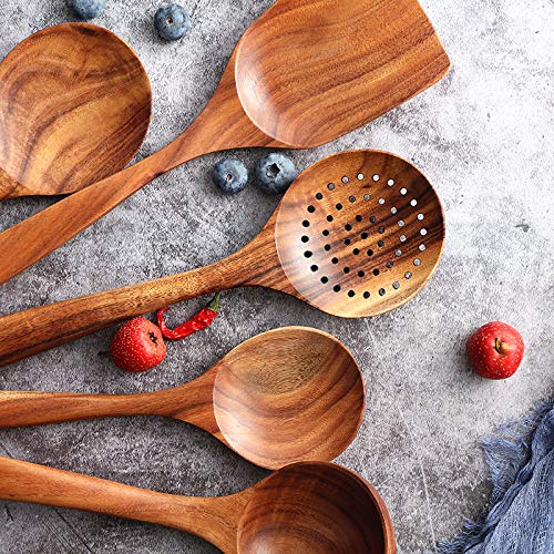Wooden Utensils Set For Kitchen, Messon Handmade Natural Teak Cooking Spoons Wooden Spatula For Nonstick Cookware (7 Sets)