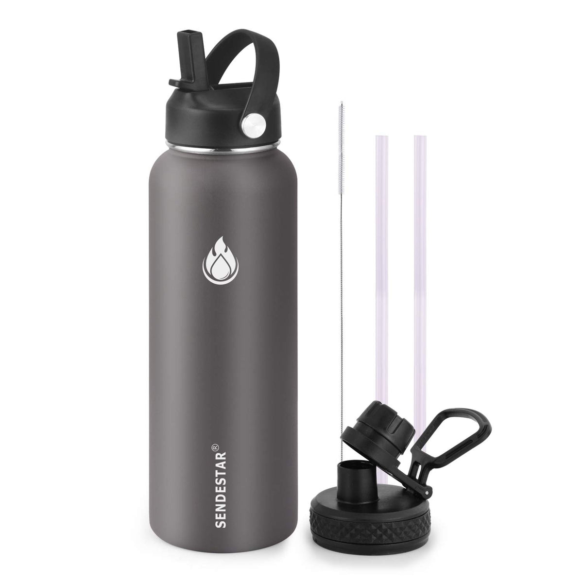Sendestar Stainless Steel Water Bottle, Wide Mouth Water Bottle 40 Oz With Straw Lid, Spout Lid, Double Wall Vacuum Insulated Le