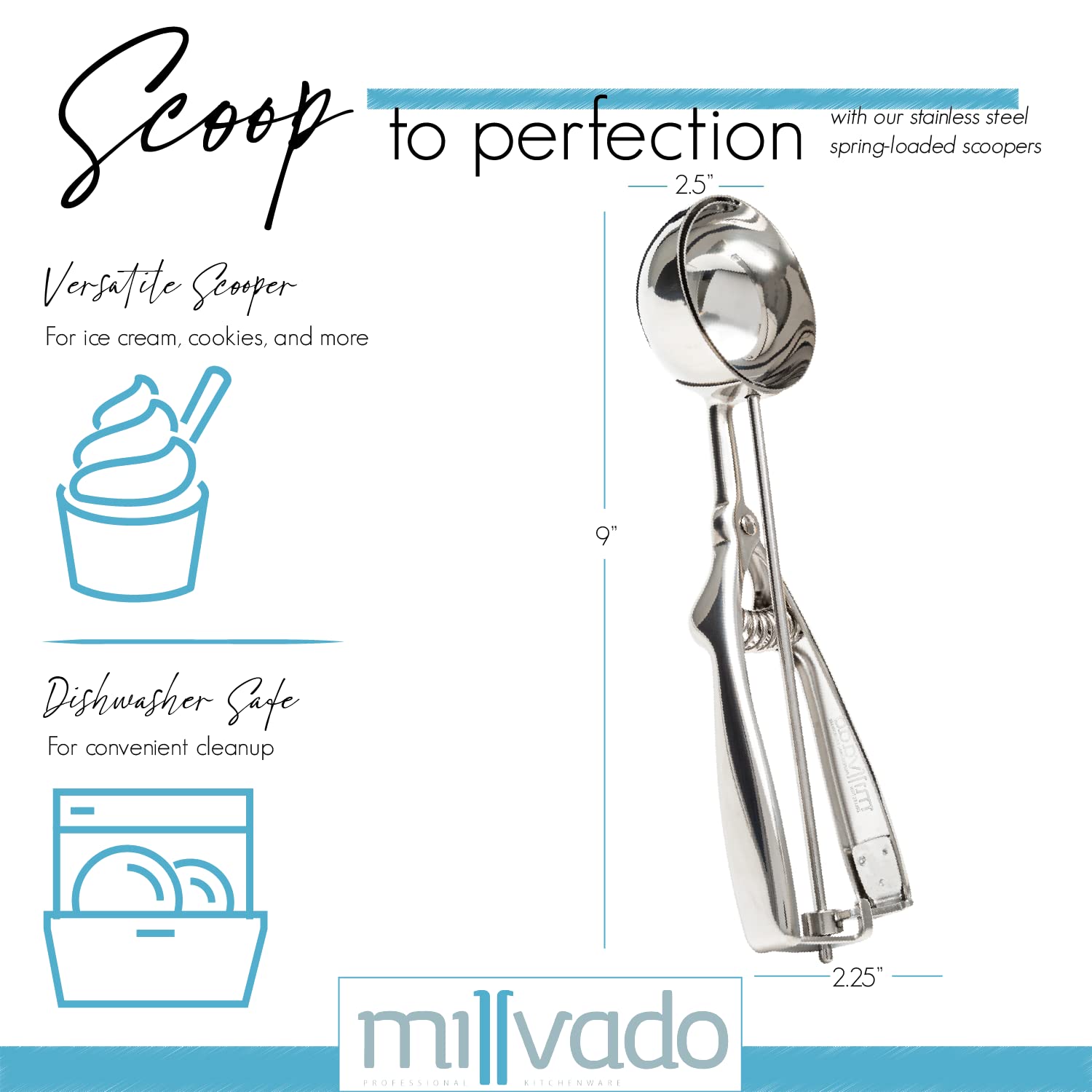 Millvado Stainless Steel Ice Cream And Cookie Scoop | Large Sized, Spring Loaded Lever Design, For Sorbet, Melon, Meatballs, Muf