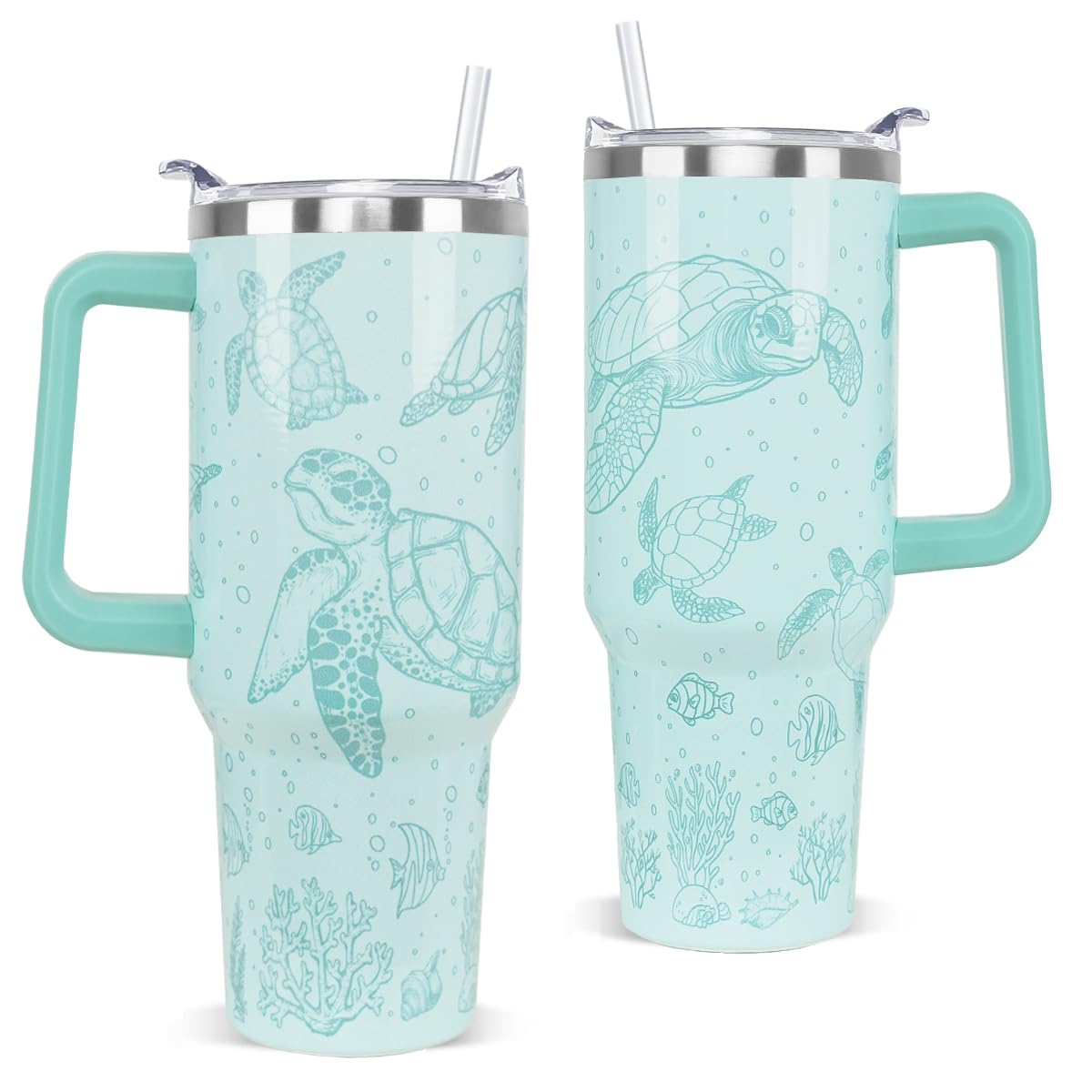 Nqhsionv Sea Turtle Tumbler with Handle and Straw 40 oz Turtle Cup Hawaiian Ocean Turtles Coffee Travel Mug Stainless Steel Insu