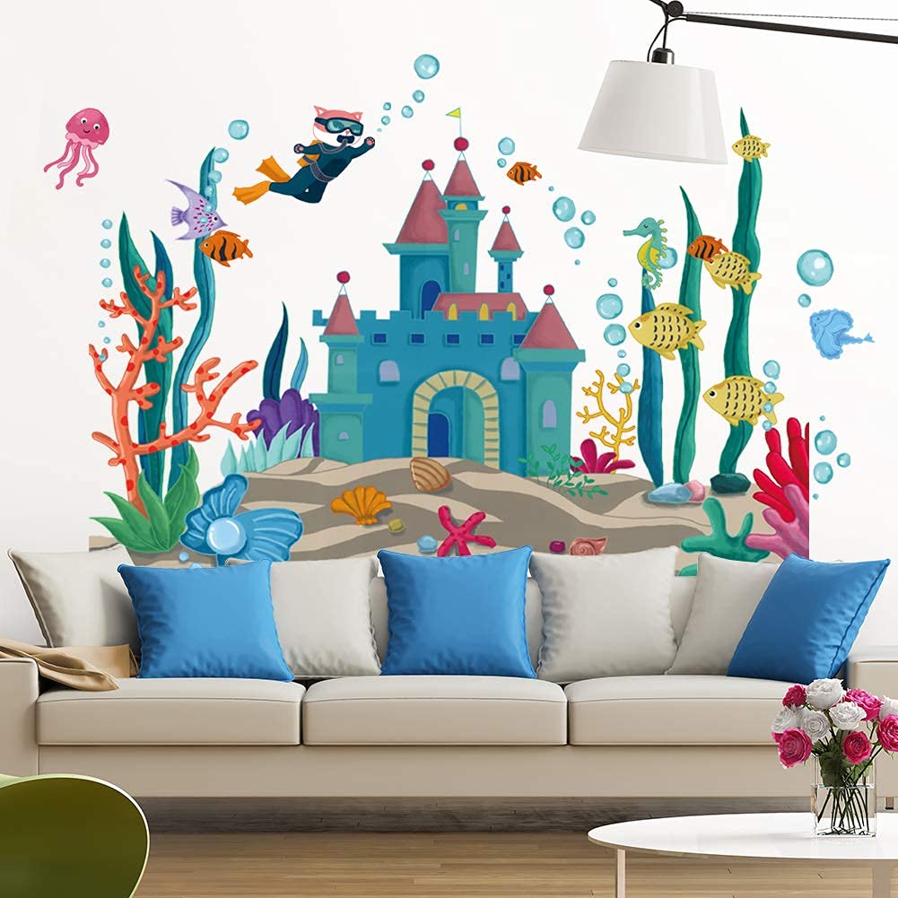 Rainbow Wsk Ocean Fish Wall Decals 3D Under The Sea Castle Wall Stickers Diy Removable Diver Seaweed Corals Jellyfish Bubble Wal