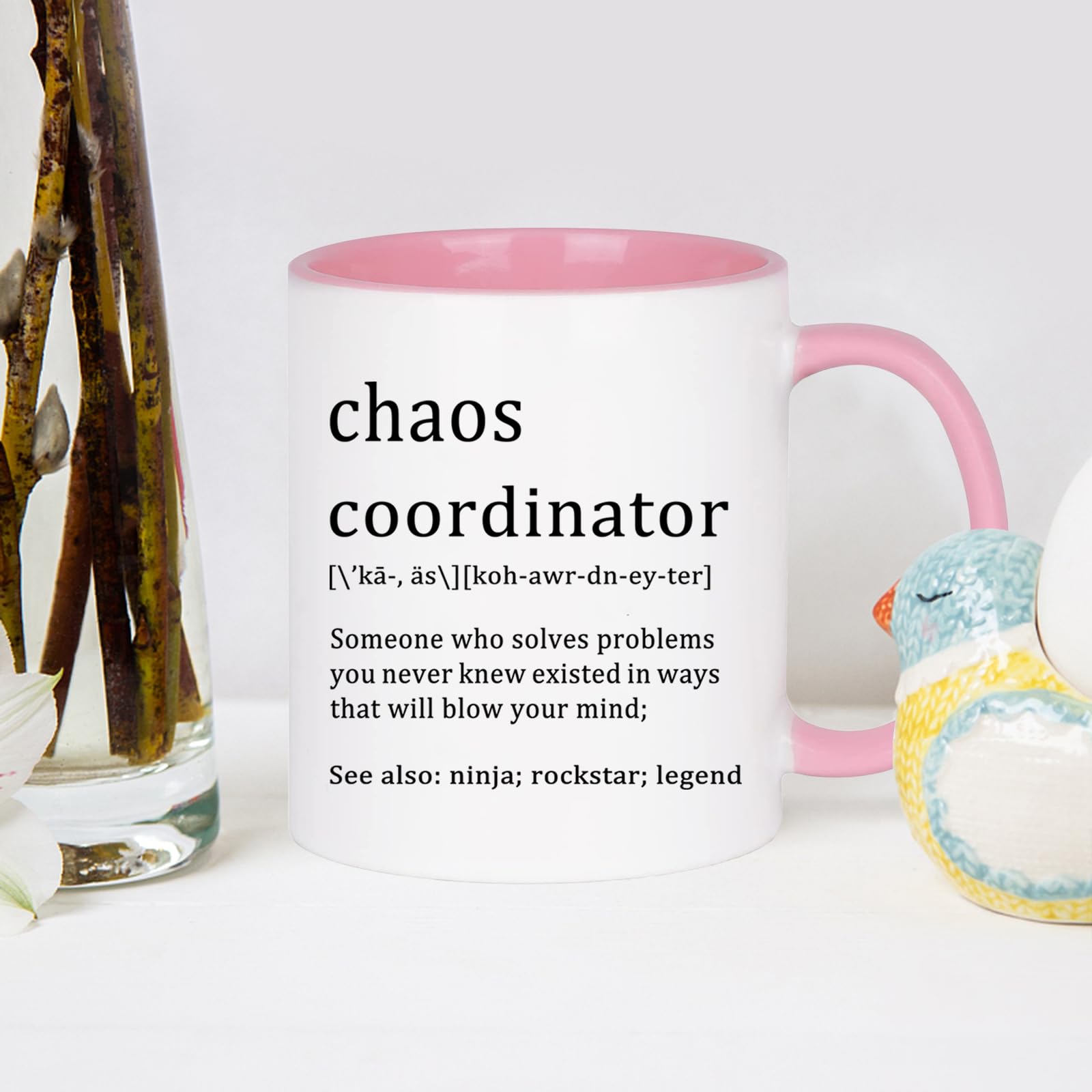 WENSSY Pink Chaos Coordinator Mug, 11 oz, Porcelain, Coffee Cup, Christmas Gift for Coworkers, Boss