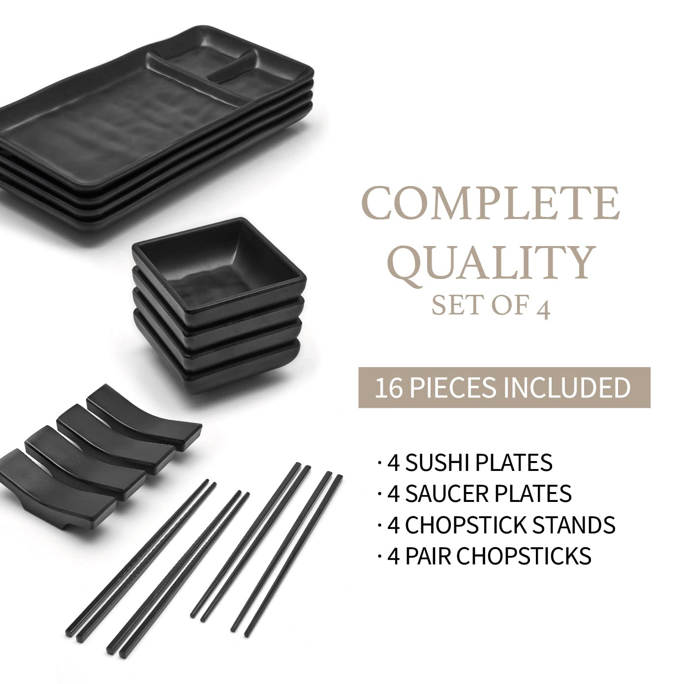Goliber 16 Pc. Japanese Sushi Plate Set With Plates, Soy Sauce Bowls, Chopsticks And Holders, Melamine Tableware Serving Dishes