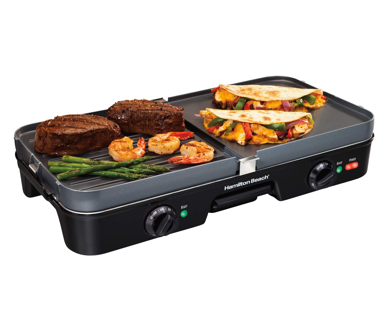 Hamilton Beach 3-in-1 Electric Indoor Grill + Griddle, 8-Serving, Reversible Nonstick Plates, 2 Cooking Zones with Adjustable Te