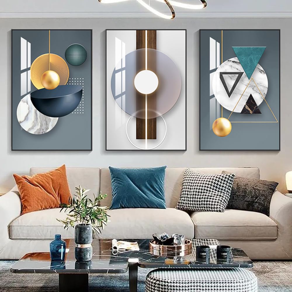 Artkn 3 Pieces Framed Abstract Geometric Wall Art, Art Shapes Patterns Paintings, Modern Wall Decor Artwork, Large Wall Art For