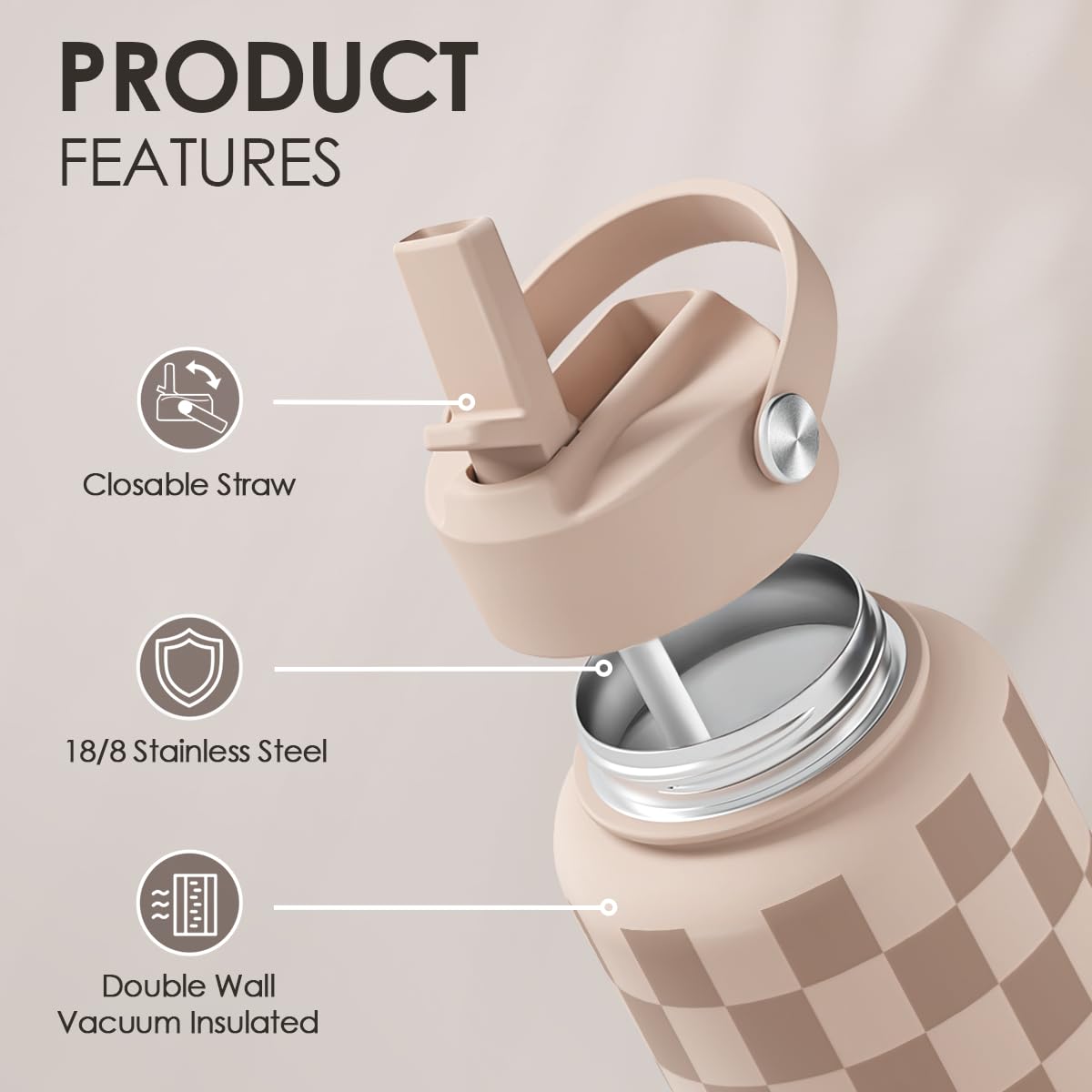 Checkerboard Water Bottle 32oz Stainless Steel with Lid & Straw, Beige Checker Insulated Bottles for Women Girls, Gift Idea for