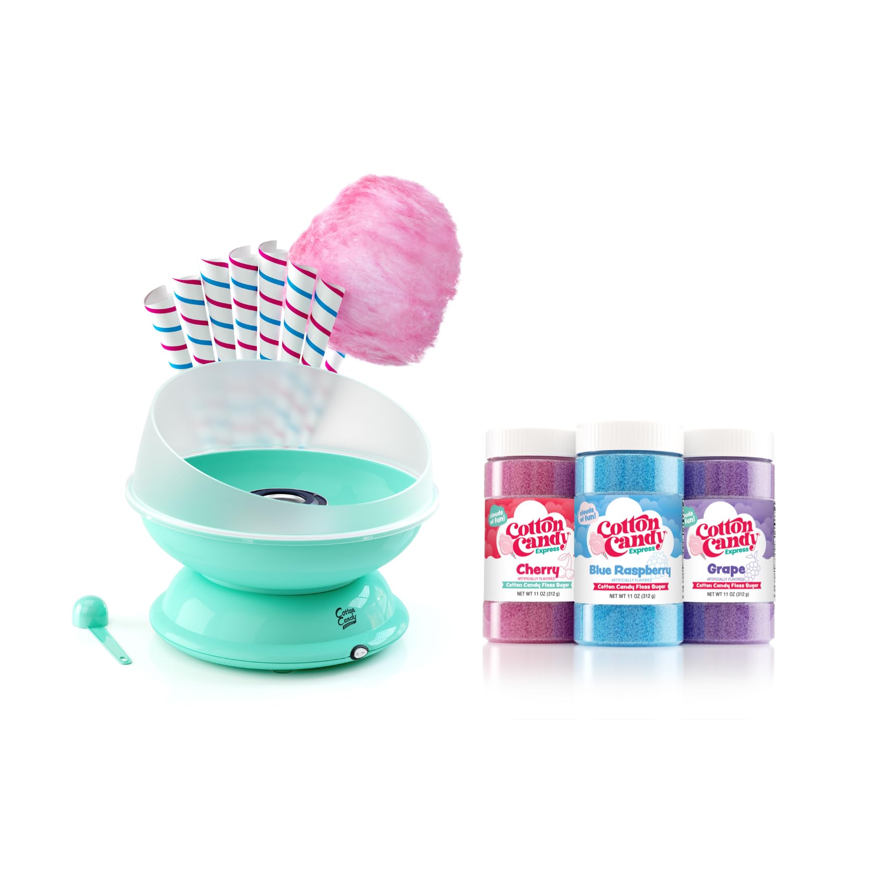 Cotton Candy Express Bb1000-S Cotton Candy Machine, With 3-11Oz. Jars Of Cherry, Grape, Blue Raspberry Floss Sugar & 50 Paper Co