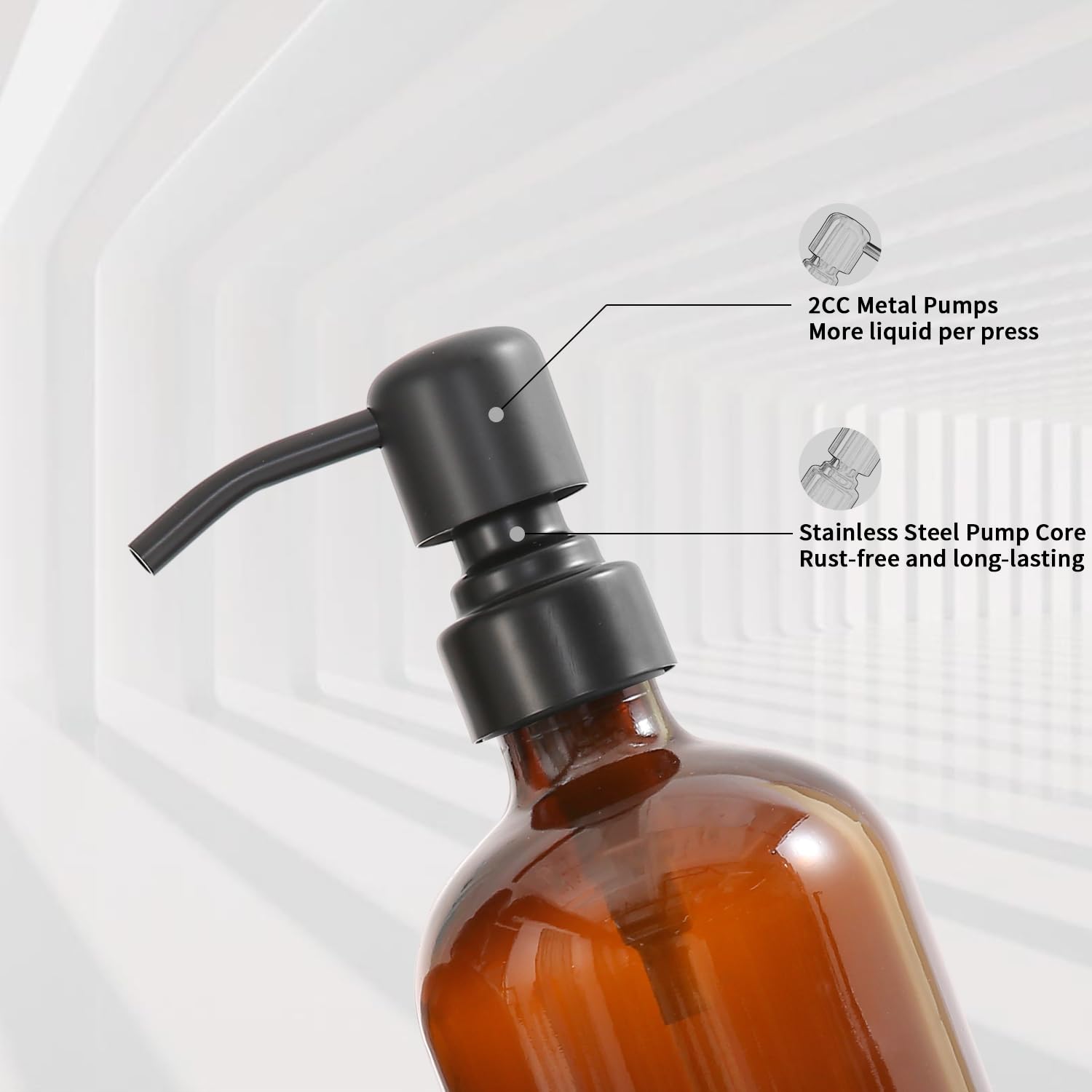 Prus Waso Amber Glass Soap Dispenser Set, Hand Soap And Lotion Set With Black Stainless Steel Pump, Perfect For Modern Bathroom