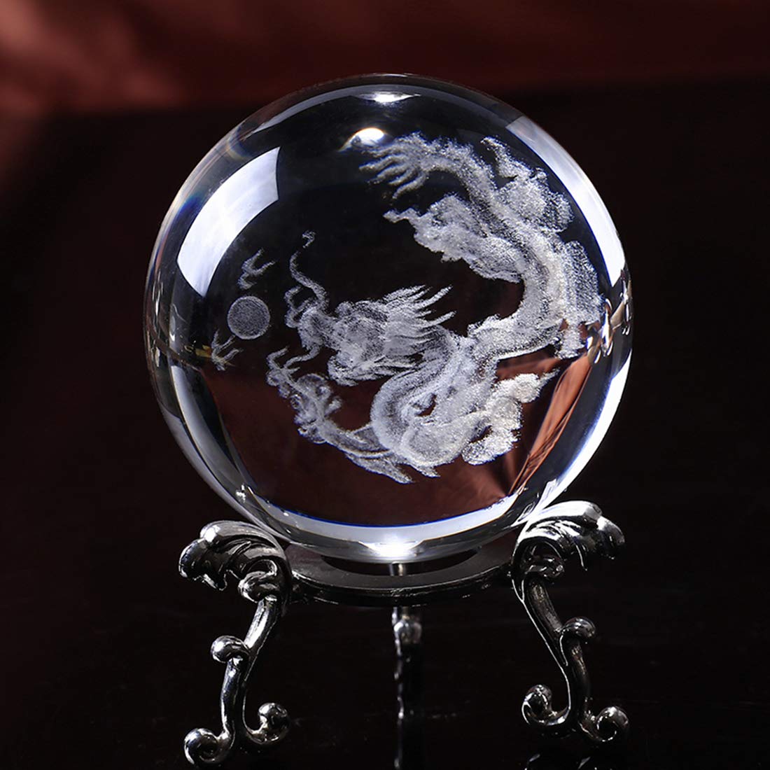 HDCRYSTALGIFTS Crystal 2.4 inch (60mm) Chinese Dragon Crystal Ball with Sliver-Plated Flowering Stand,Fengshui Glass Loong Ball 