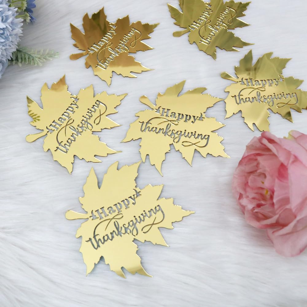 Ruscalin 12pcs Happy Acrylic Thanksgiving Cake Topper Fall Party Decorations Happy Friendsgiving Sign Cake Topper Maple Leaves (