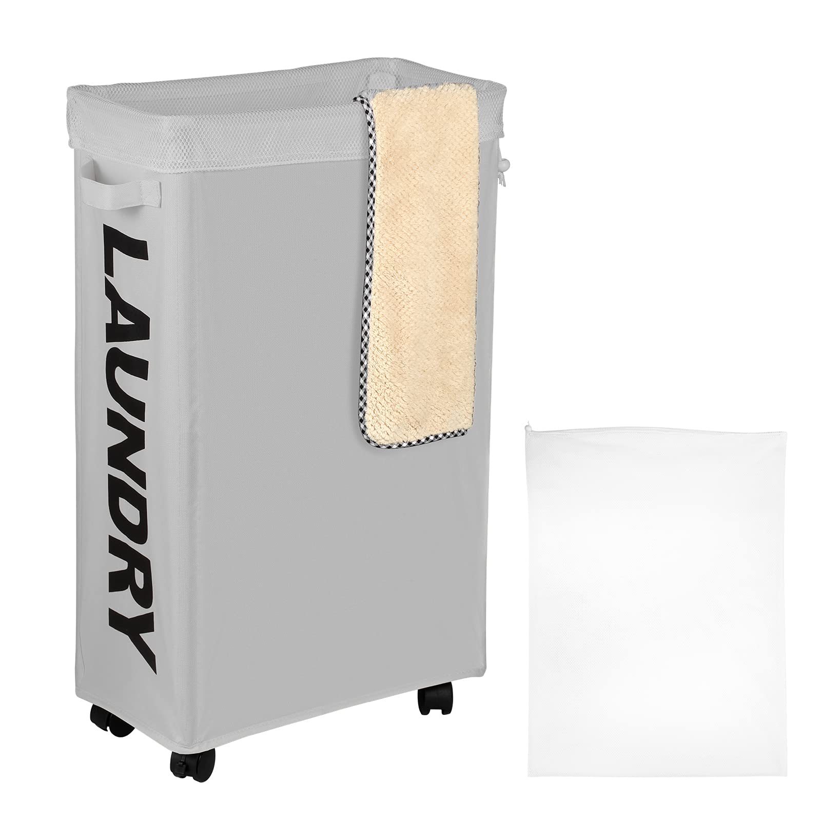 Ihomagic 62L Laundry Baskets Wheels, Tall Thin Laundry Hamper With Removable Mesh Laundry Bags - Foldable Dirty Clothes Bag Hand