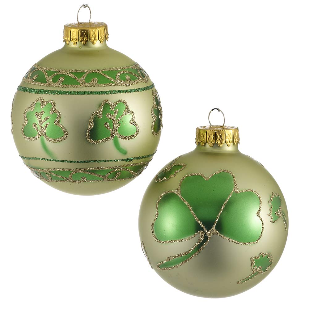 Kurt Adler Shamrock Large & Center Band Design Decorative Glass Balls 4pc