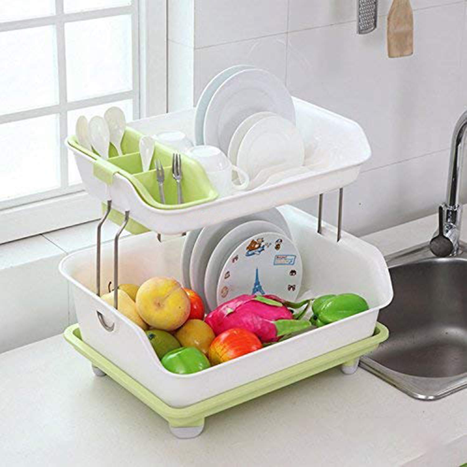 Otro Kitchen 2 Layer Sink Dish Plate Drainer Drying Rack Wash Organizer With Tray Utensil Holder Basket (Green)