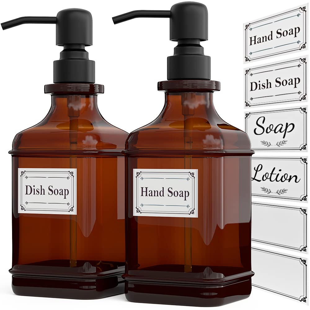 Gladpure Soap Dispenser 2 Pack, Hand Soap Dispensers With 18 Oz Antique Design Thick Amber Glass Bottle, 316 Rust Proof Stainles
