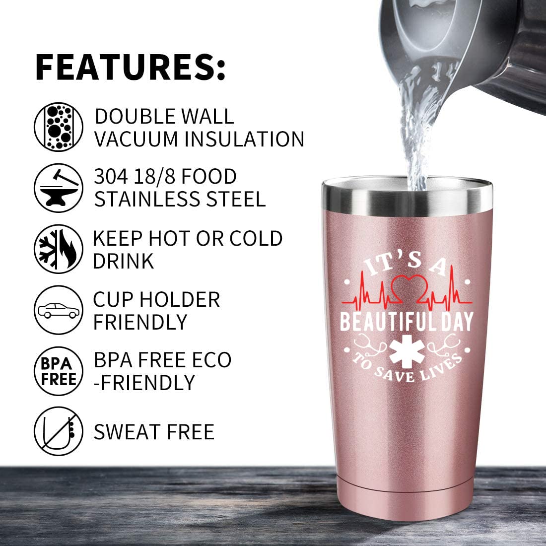 Athand Greys Anatgreys Anatomy Stainless Steel Tumbler With Lid Straw 20Oz - Save Lives Rose Gold Vacuum Insulated Tumbler Coffe