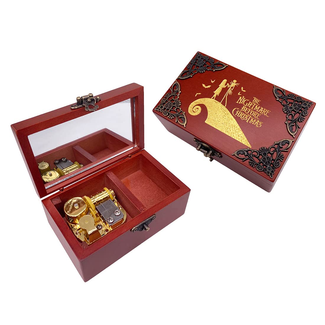 Youtang Nightmare Before Christmas Jewelry Music Box with Mirror Laser Engraved Wood Musical Box Wind up Musical Gift for Her Hi