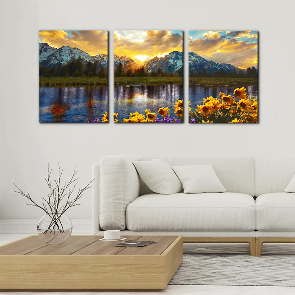 3 Pieces Mountain Canvas Wall Art For Living Room Nature Landscape Picture Sunflower Wall Decor For Bedroom Home Decoration Sunr