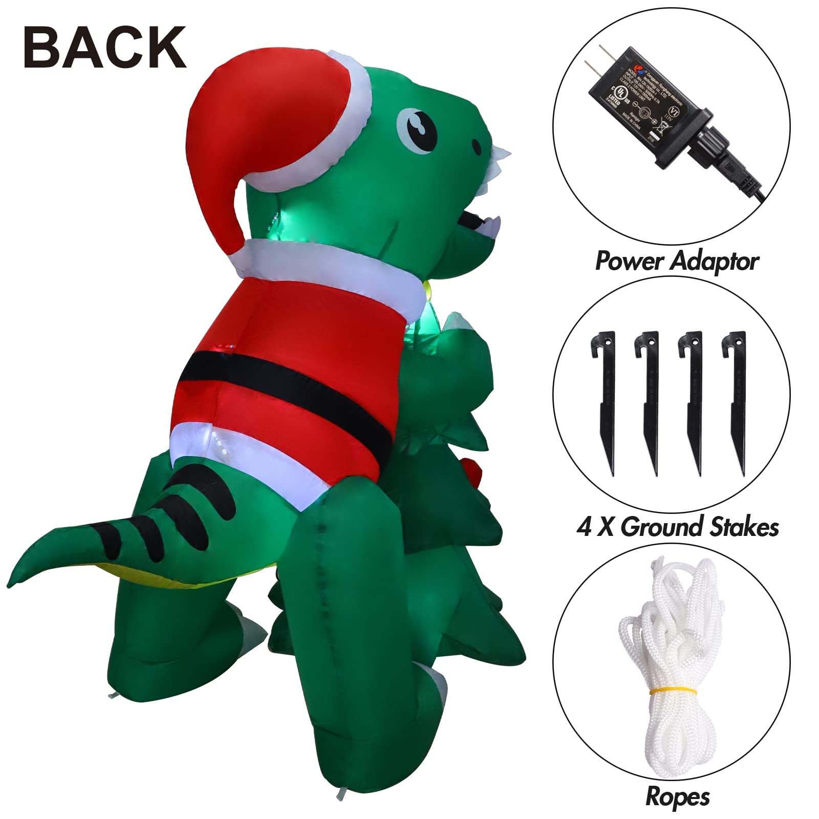 MorTime 5 FT Christmas Inflatable Dinosaur with Gift Box, Blow up Yard Prop Lighted Animated Green Dinosaur Wearing Christmas Ha