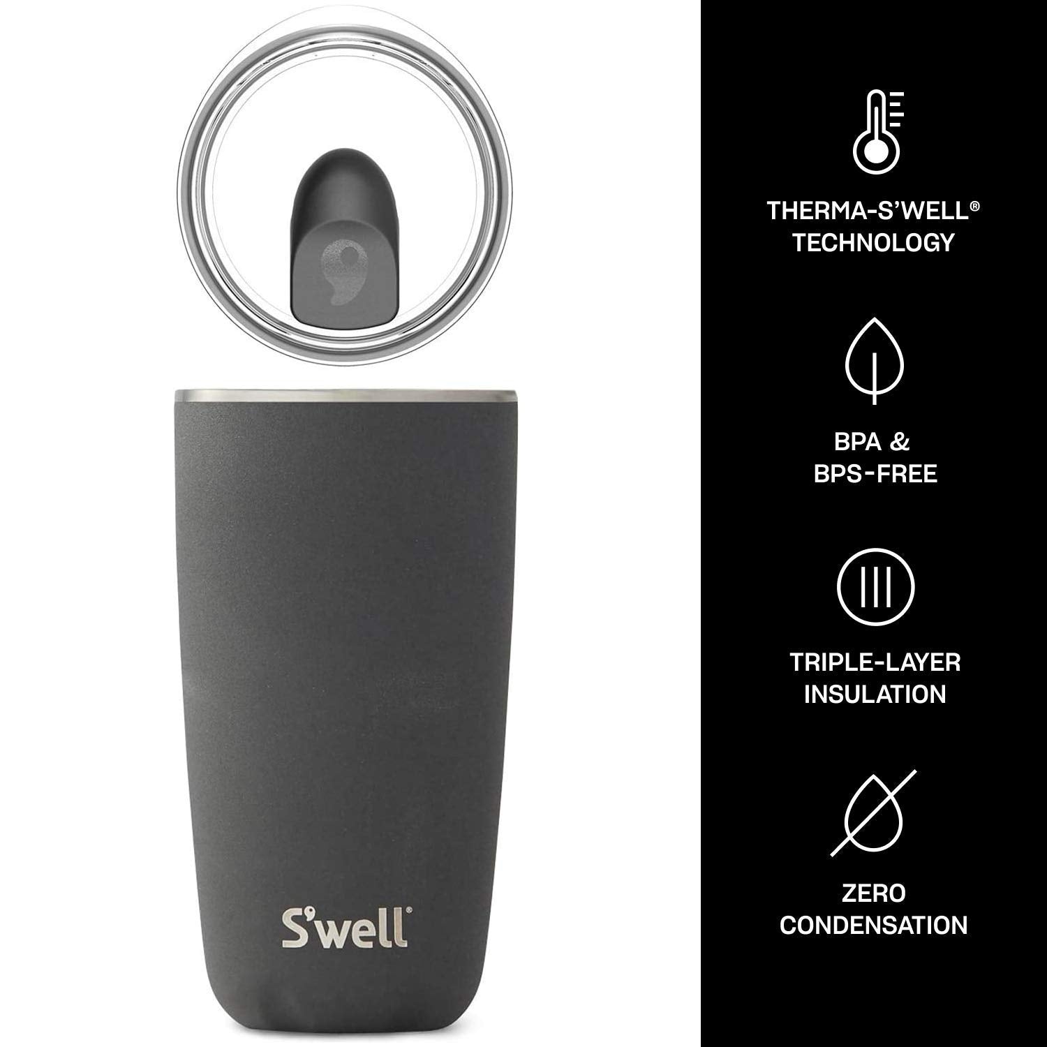 S'Well Stainless Steel Tumbler With Slide-Open Lid, 18Oz, Onyx, Triple Layered Vacuum Insulated Containers Keeps Drinks Cold For