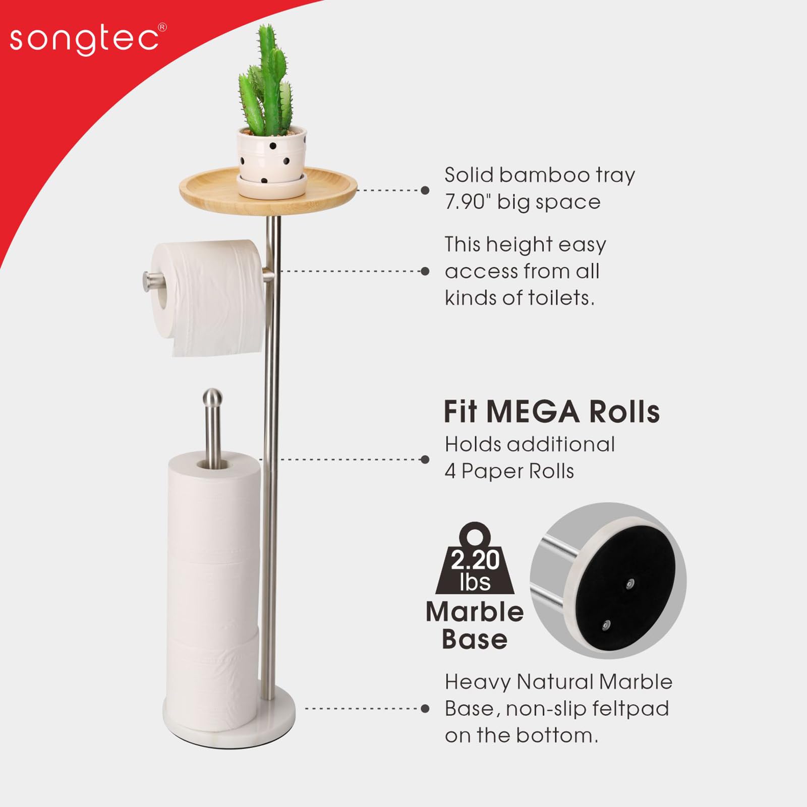 Toilet Paper Holder Stand With 7.9'' Big Bamboo Tray, 2.2Lbs Heavier Marble Base, Floor Standing Paper Holder Stand With Phone S