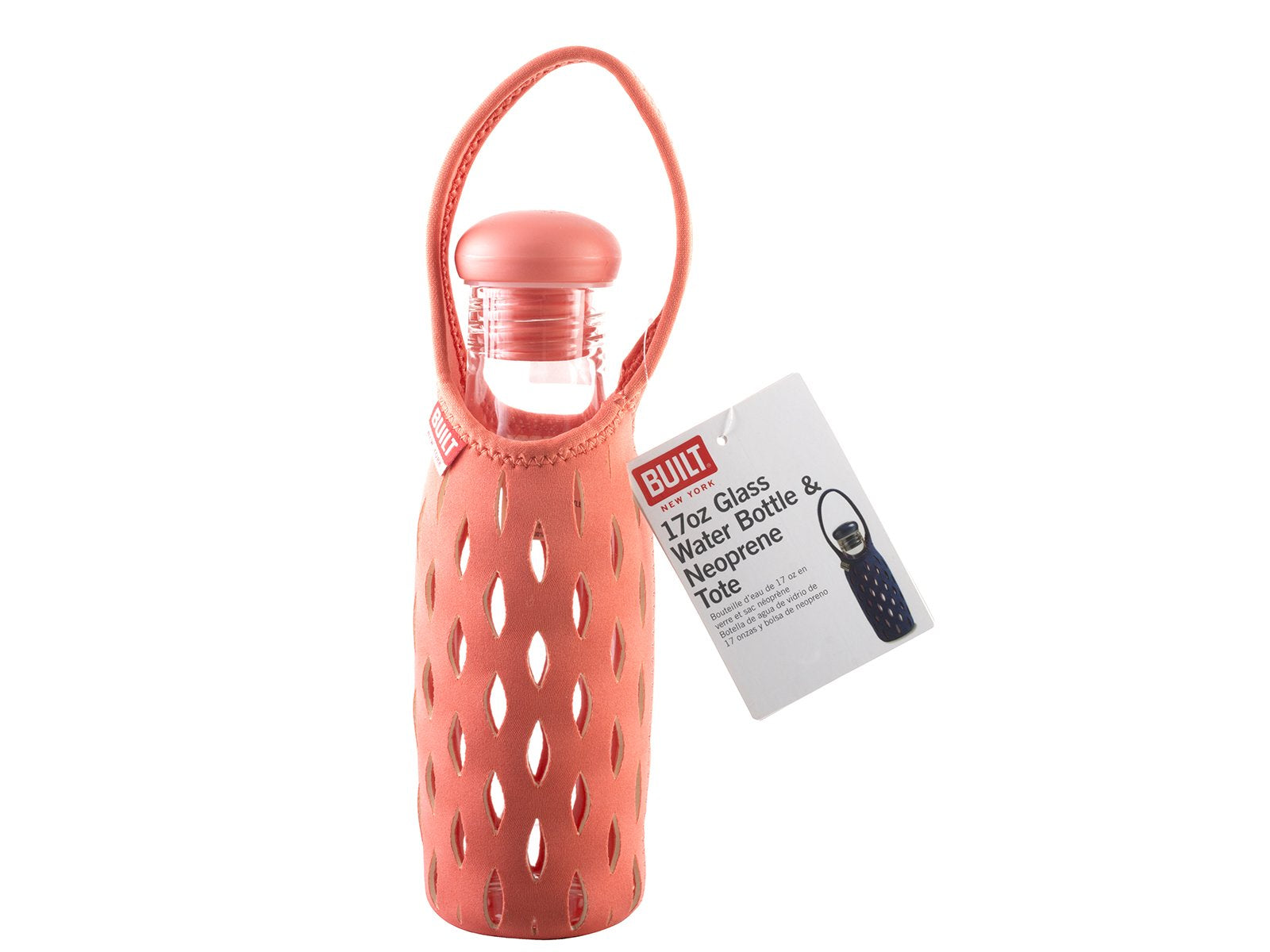 Built Ny Glass Water Bottle With Neoprene Tote, 17-Ounce, Coral