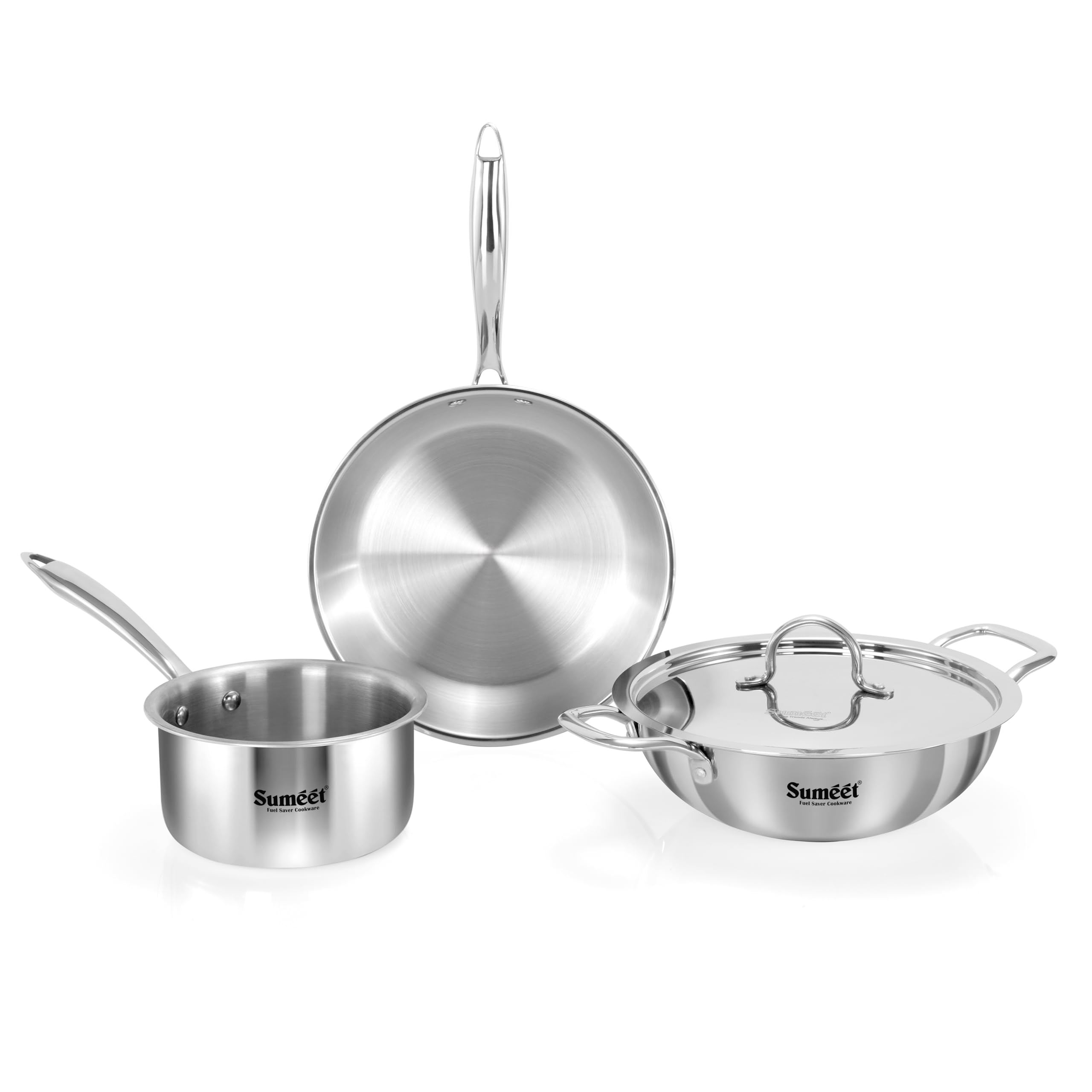 Sumeet Cook Smart Triply Stainless Steel 4Pc Induction Base Cookware Set Of Deep Kadai  20Cm  1.7L, Frypan  20Cm  1 Ltr, Sau