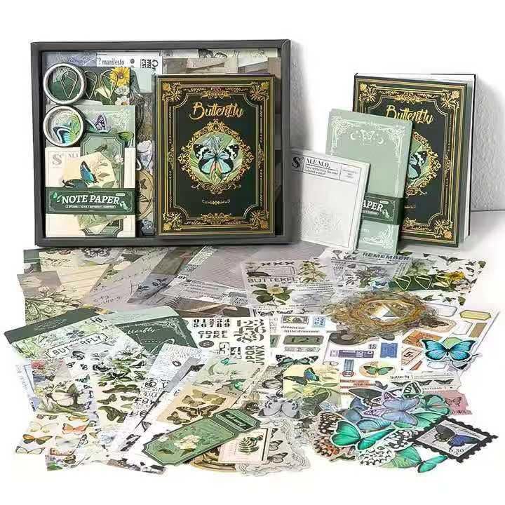 Forest Legend  Green Butterfly Aesthetic Scrapbook Kit 346 Pcs with A6 Grid Notebook, Washi Tape, Stickers, Envelopes & Decorat