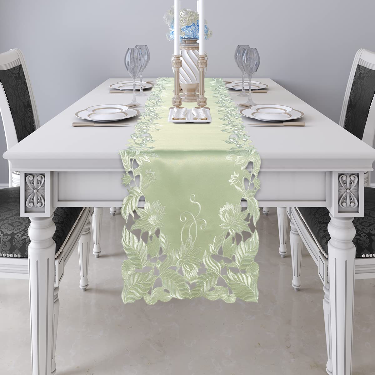 Light Green Table Runner - Lace Linen Dresser Scarf European Embroidery - Perfect For Kitchen Dining Room Home Decor Wedding Rec