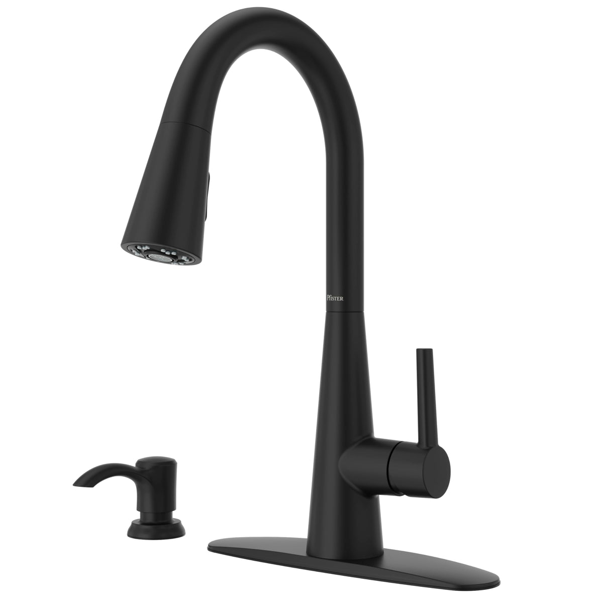 Pfister Barulli Kitchen Faucet With Pull Down Sprayer And Soap Dispenser, Single Handle, High Arc, Matte Black Finish, F5297Barb