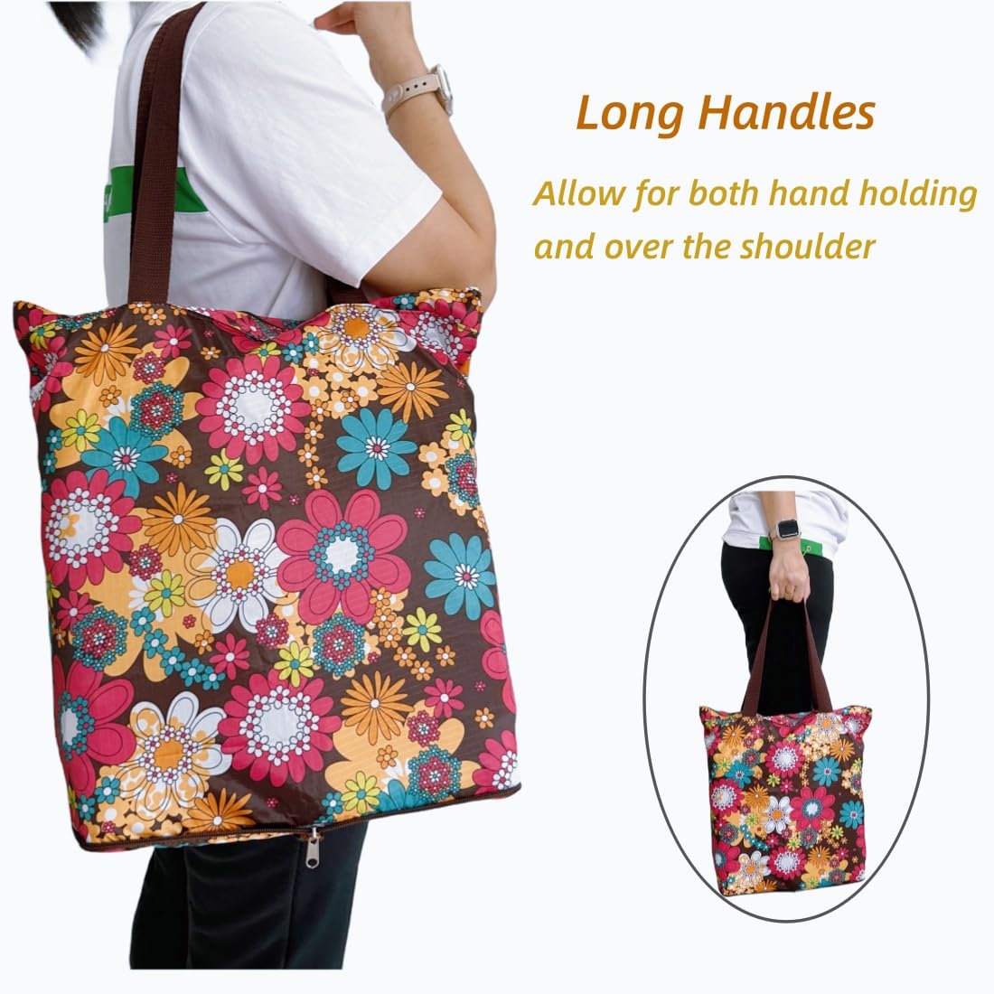 Nc 4 Pack Foldable Kitchen Reusable Grocery Bags Floral Designs With Zipper Folding Shopping Tote Bags Lightweight Durable Large