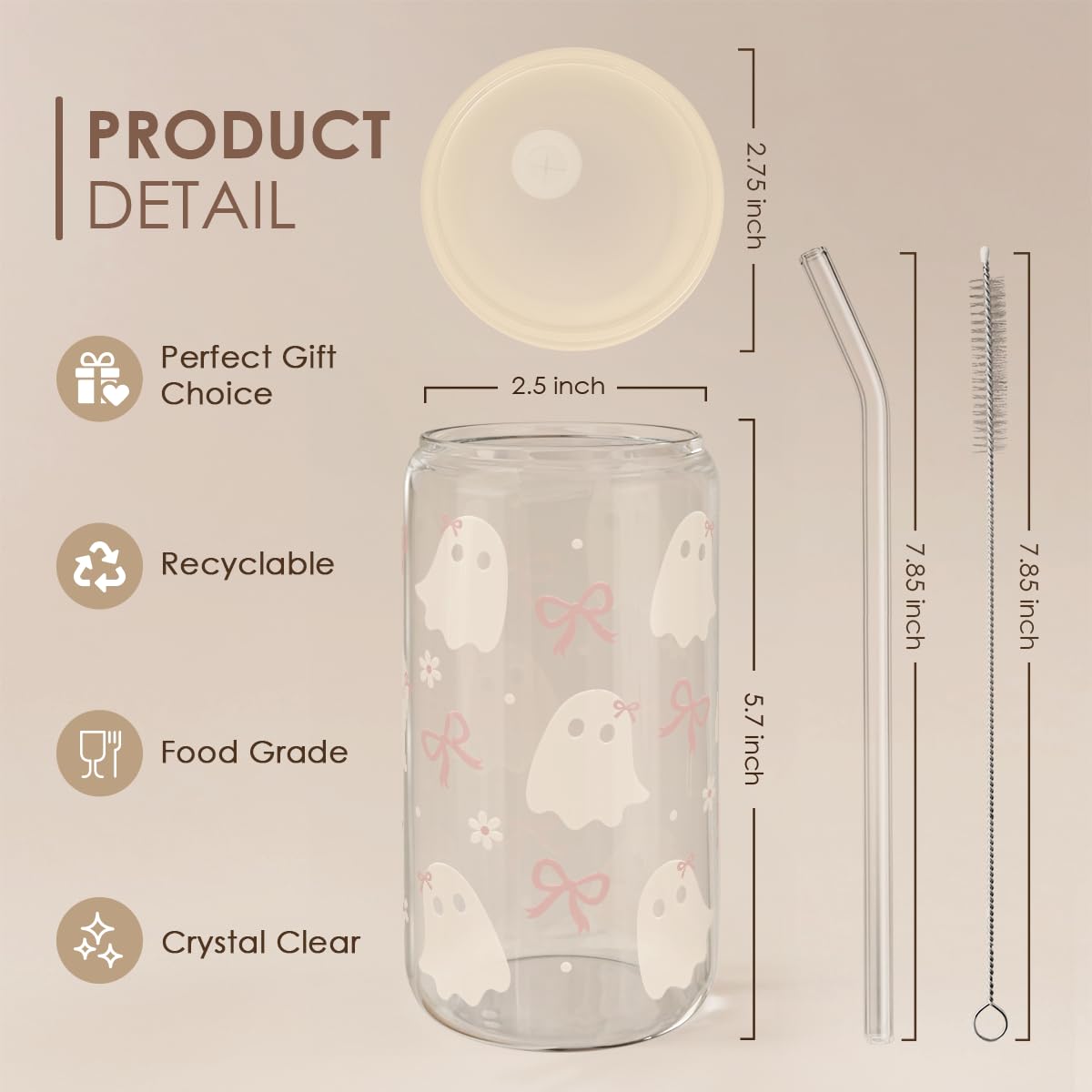 Halloween 16oz Can Glass Tumbler with Acrylic Lid & Straw, Iced Coffee Cup for Women Girls, Aesthetic Cups Gifts for Party