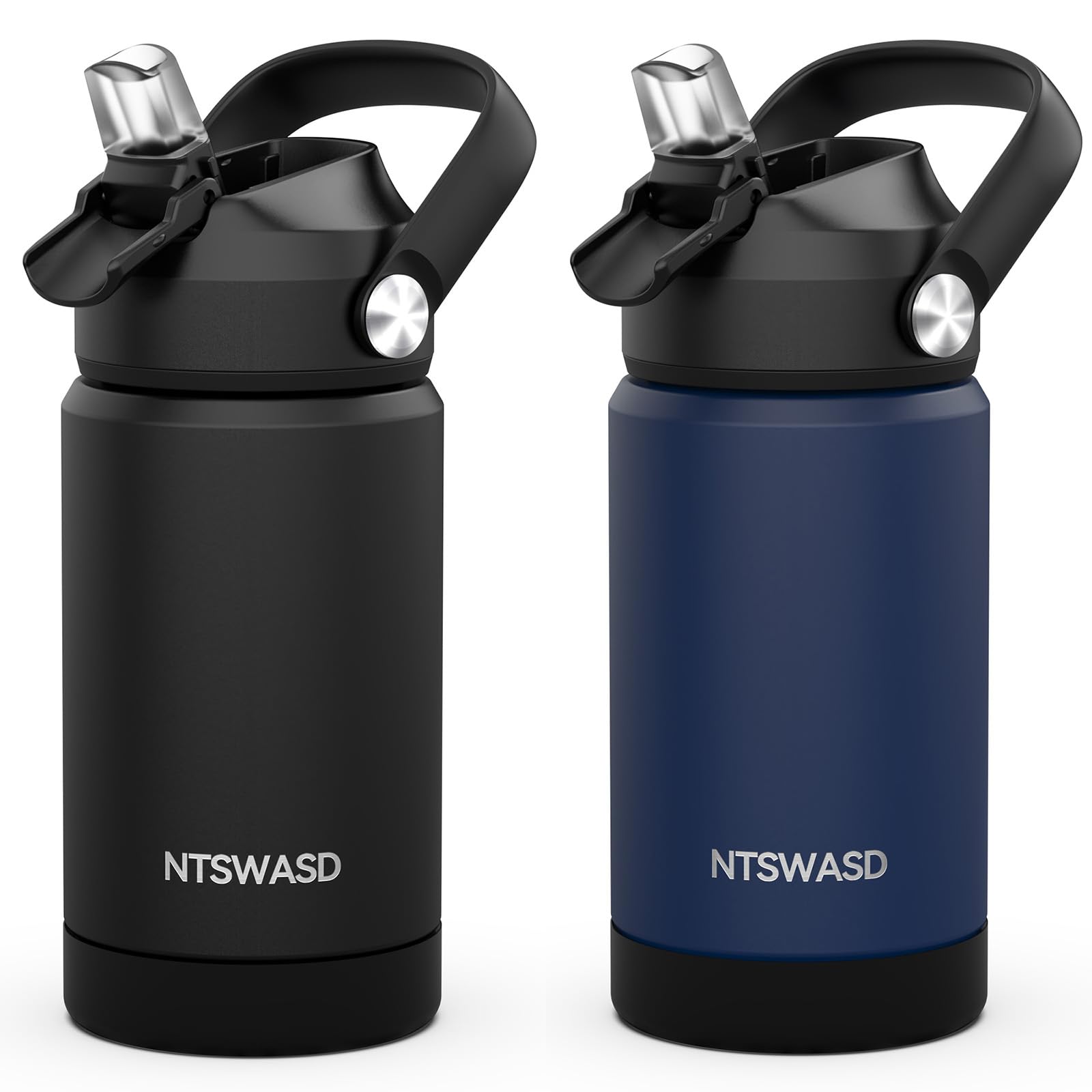 Ntswasd Boys Insulated Water Bottle with Straw,12 oz Kids Cups with Stainless Steel Leak Proof for School Daycare(2Pack,Black+Bl