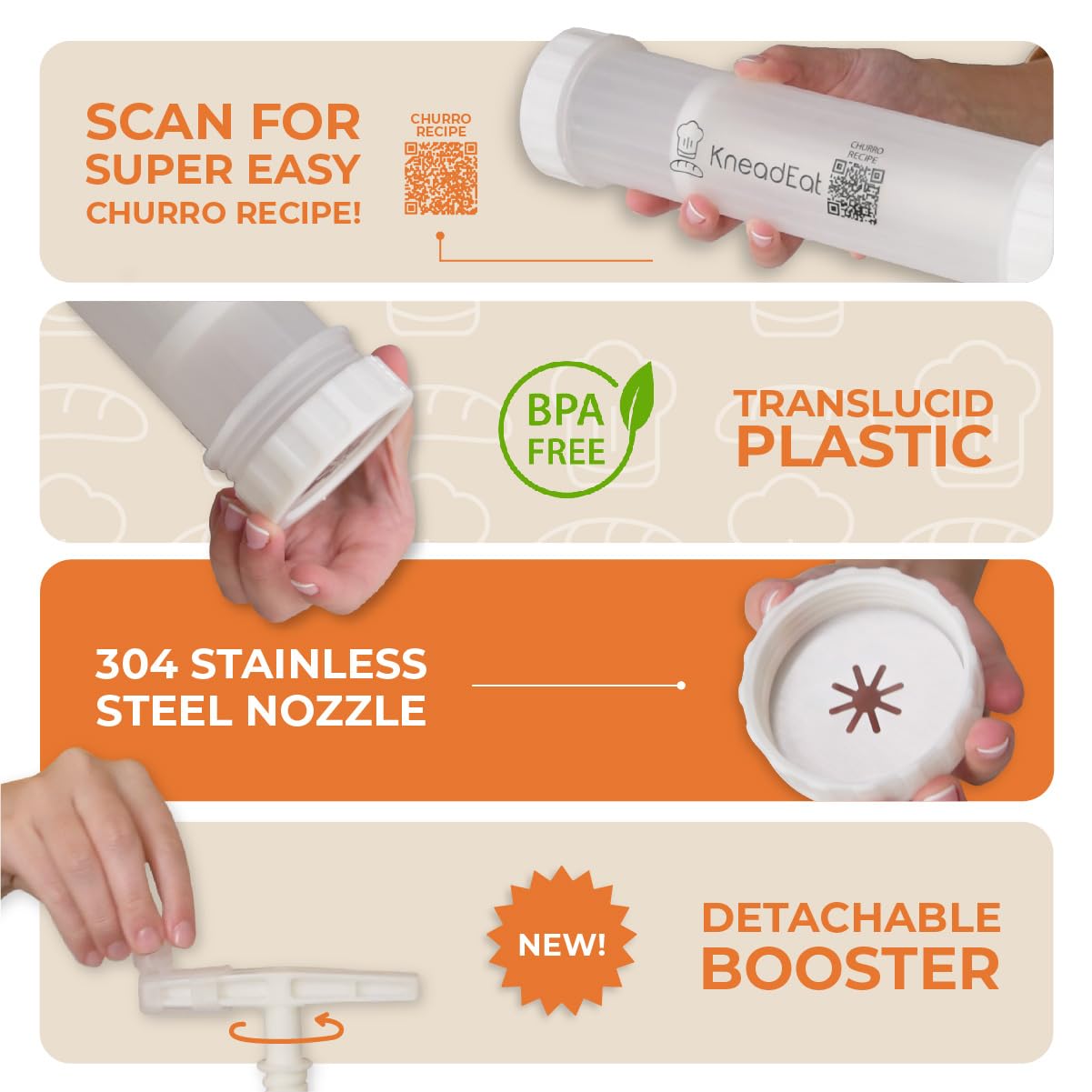 Kneadeat Churro Maker Machine Churrera And Piping Bag Churros Filler. Easy Qr-Recipe To Prepare And Fill Your Own Churros At Hom