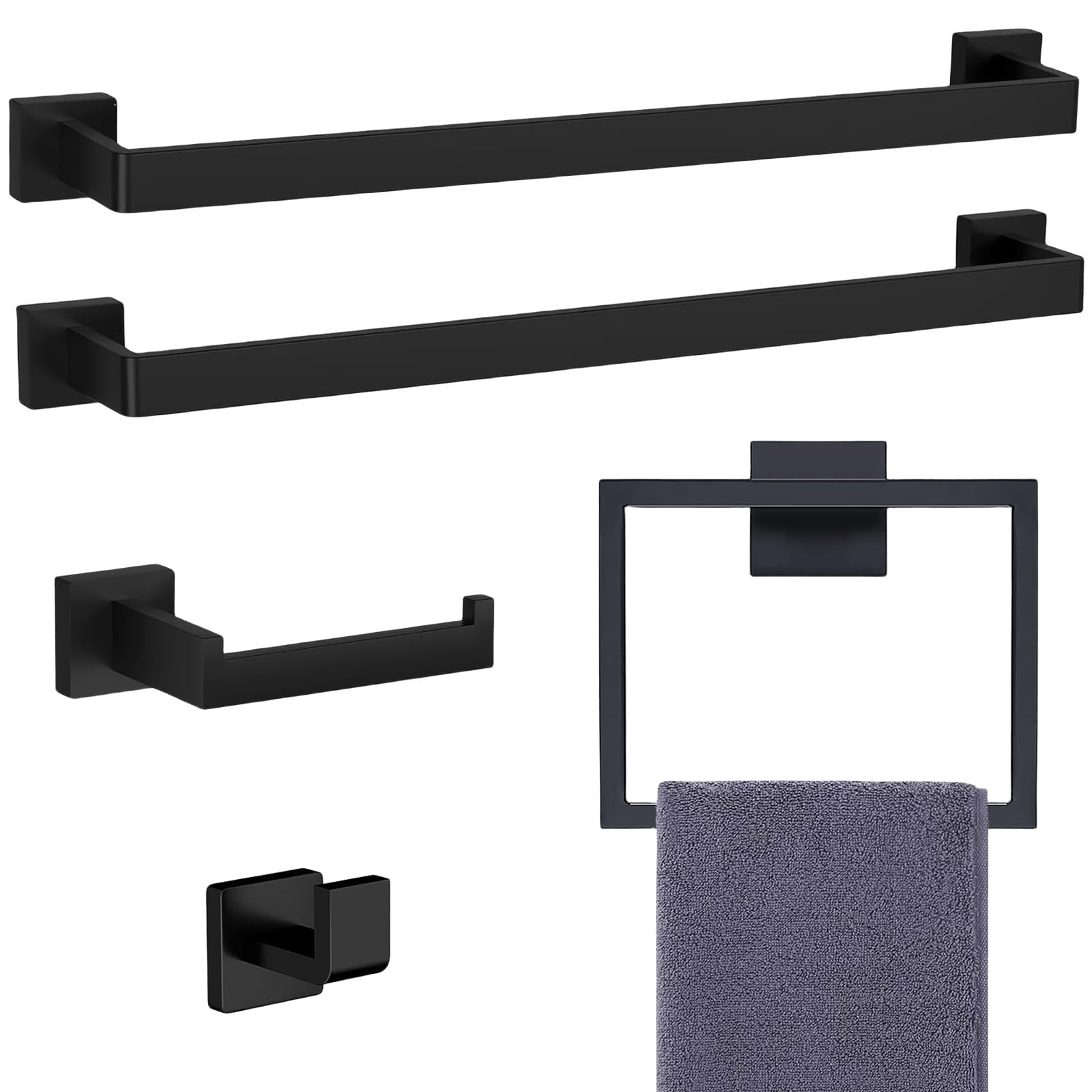 5-Pieces Matte Black Bathroom Hardware Accessories Set, Sus304 Stainless Steel Bath Towel Bar Set, 24 Inch Towel Racks For Bathr
