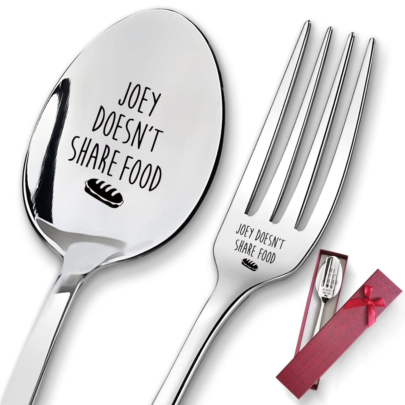 2 Pieces Joey Doesn'T Share Food - Engraved Stainless Spoon Fork Set, Kitchen Restaurant Long Handle Dinner Spoop And Fork For W
