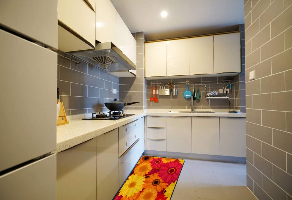 Long Kitchen Rugs Non Slip Washable Bath Mat Kitchen Runner Rug Red Orange Yellow Gerbera Flowers Water Absorption And Quick Dry