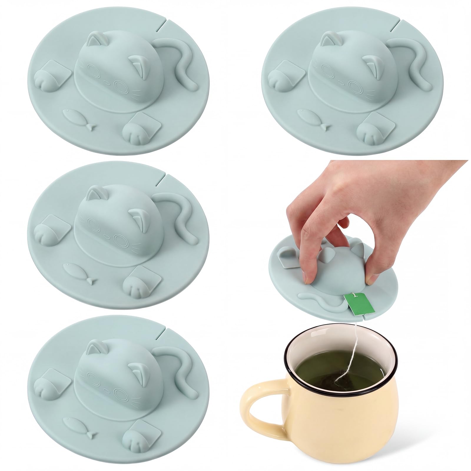 Ferrochef 4 Pcs Tea Bag Squeezer 4 Inch Silicone Tea Bag Holder & Squeezer Dishwasher Safe Cute CatShaped Cup Silicone Lids War