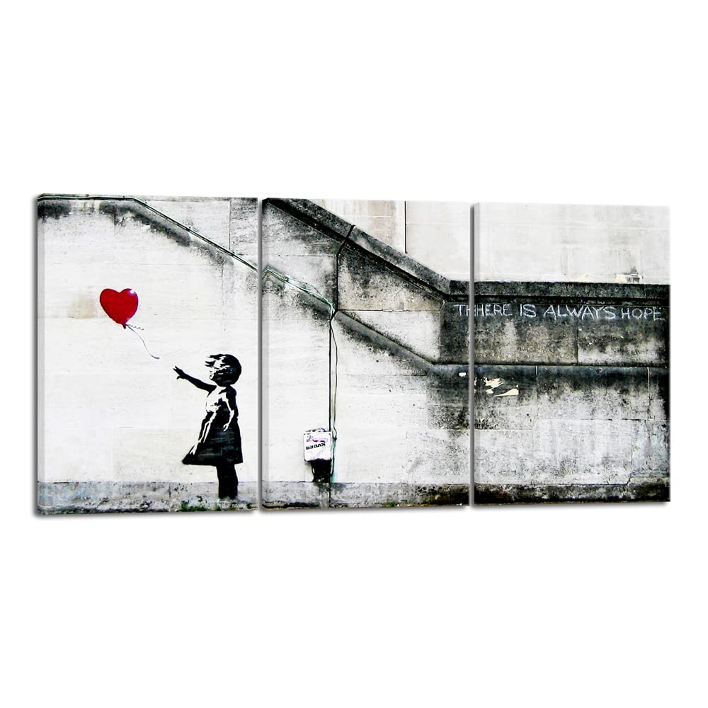 Wieco Art Banksy Grafitti Girl With Red Balloon Modern 3 Piece Famous Canvas Paintings Wall Art Inspirational Grey Love Pictures