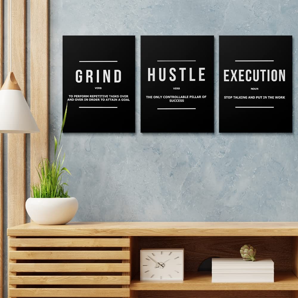 Gubiyu Hustle Grind Execution Wall Art Set Of 3 Framed Canvas Black Motiviational Wall Art Home Office Wall Decor Inspirational