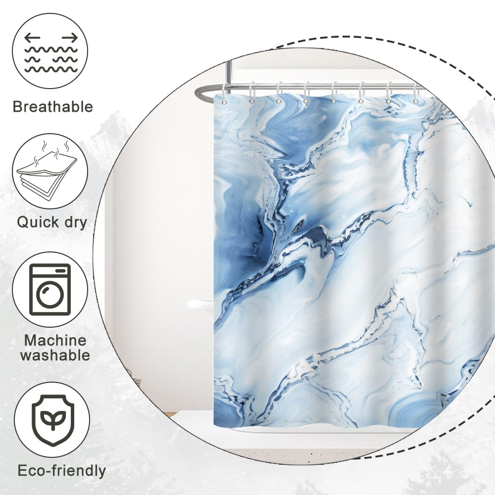 Ruelvth Stall Shower Curtain, Blue Marble Small Shower Curtain Modern Waterproof Fabric Narrow Rv Shower Curtain Set With Hooks,
